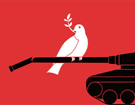 Military tank with a peace dove sitting on the gun