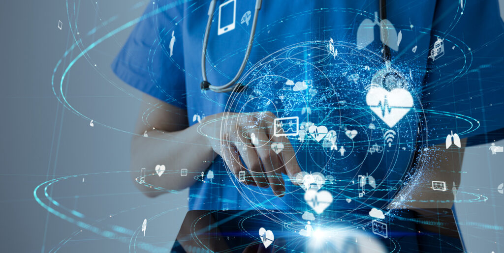 Nurse surrounded by digital art of heartbeats and health symbols